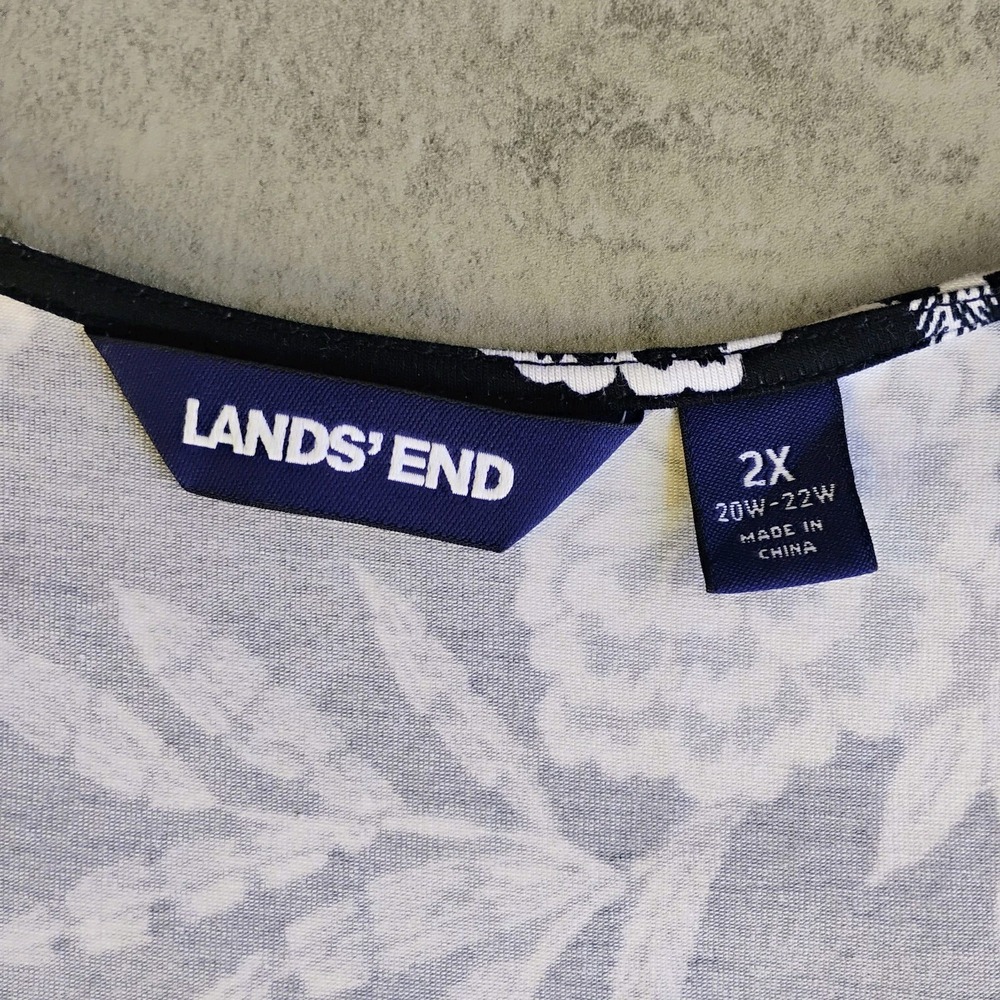 Lands End Maxi Dress Womens 2X Black White Floral Faux Wrap Ruched Pima Cotton - Picture 6 of 11